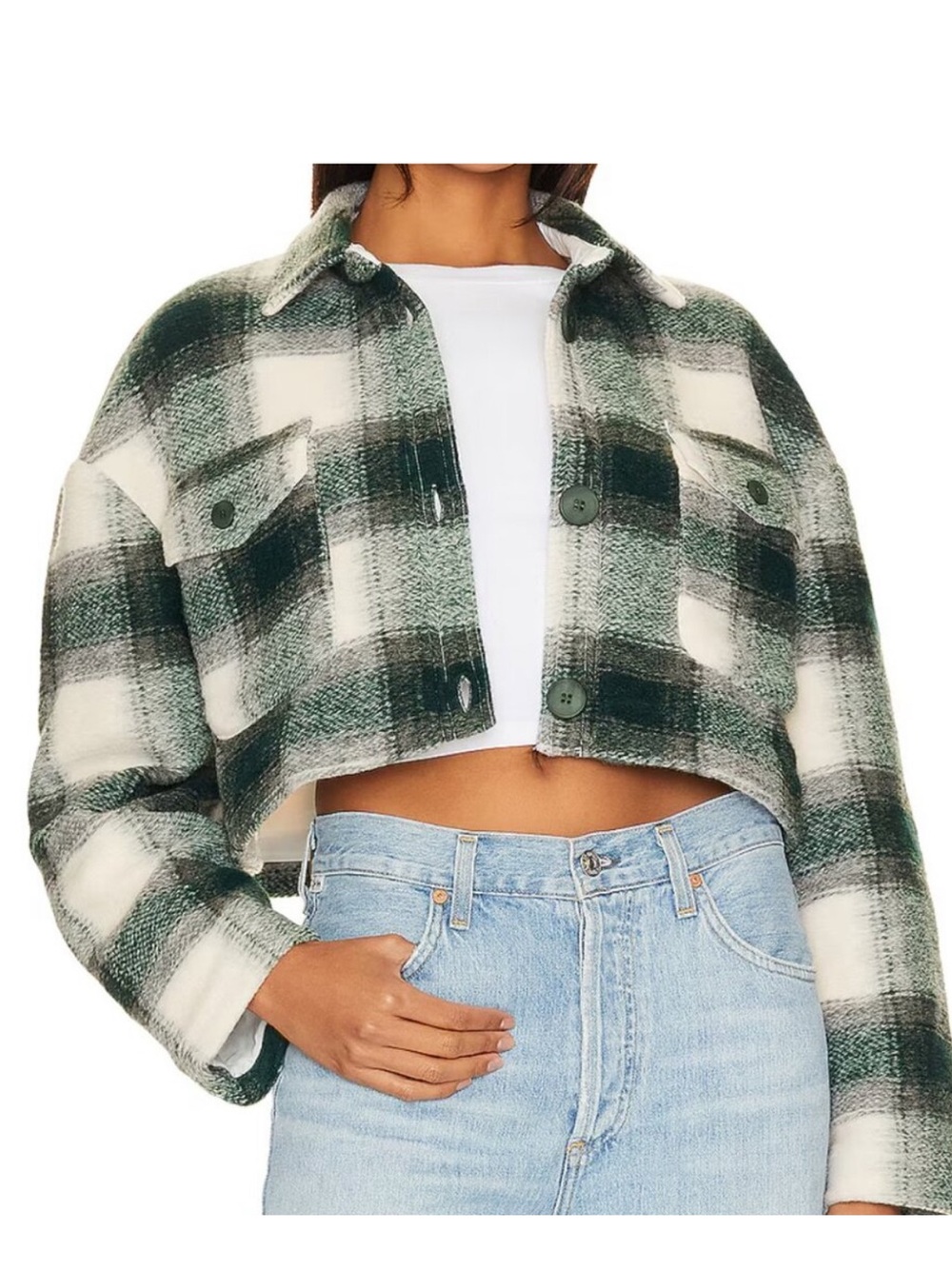 Lovers + Friends Green and Cream Plaid Cropped Shacket